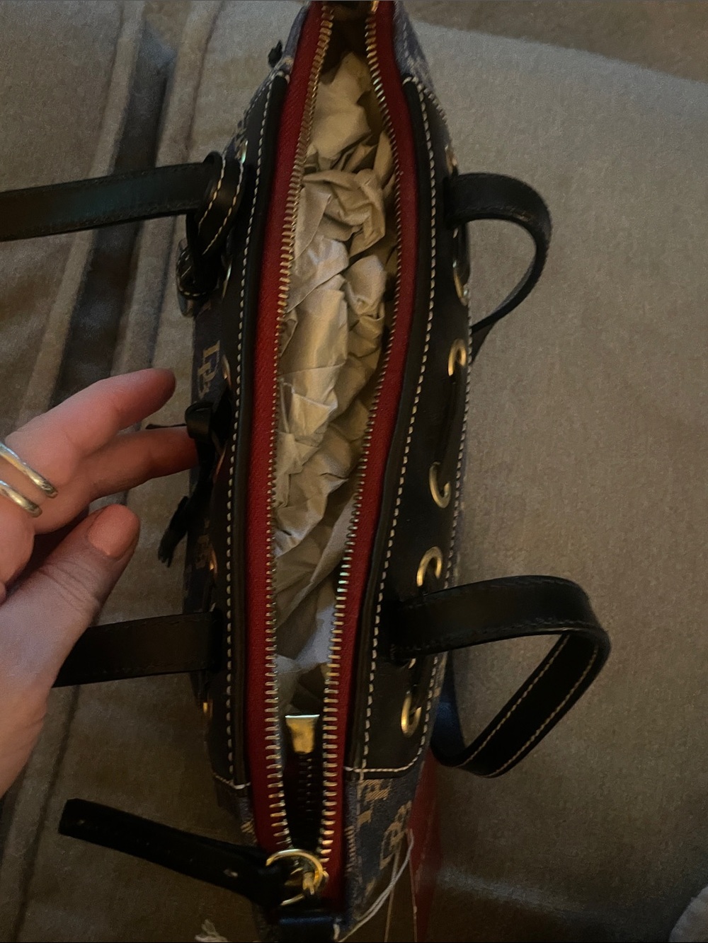 Dooney & Bourke Brown Signature Mini Tote with Black Trim and Red Zip - Picture 3 of 5